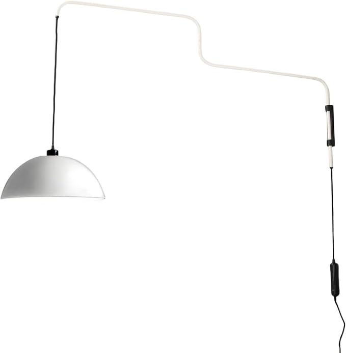 Modern Plug in Wall Sconce Dome Shade Mid Century Swing Arm Wall Lamp Wall Mounted Long Arm Light White Bedside Reading Wall Light for Bedroom Dining Room