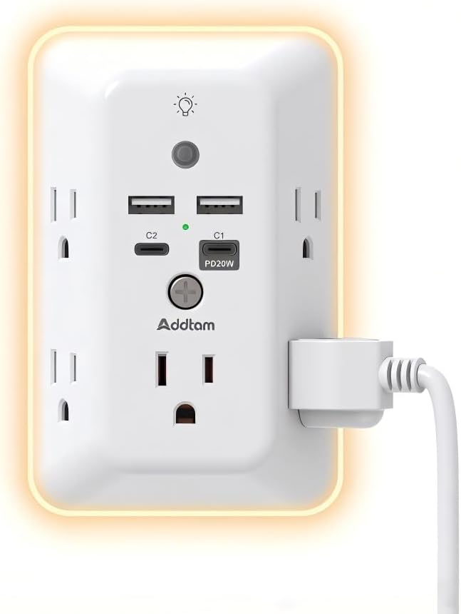 Addtam Surge Protector Outlet Extender, Plug Extension Outlet with Night Light, 5-Outlet Splitter and 4 USB Ports(PD 20W), Multi Plug Wall Outlet for Home Office Dorm Room Essentials
