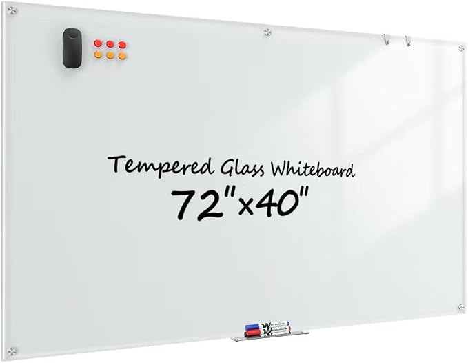 Glass Whiteboard 72" x 40", Frameless Wall Mounted Dry Erase Board with Tempered Glass Surface, Steel-Backed Magnetic Support, Tray, Eraser, Markers & Magnets for Office, School, Home