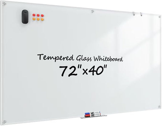 Glass Whiteboard 72" x 40", Frameless Wall Mounted Dry Erase Board with Tempered Glass Surface, Steel-Backed Magnetic Support, Tray, Eraser, Markers & Magnets for Office, School, Home