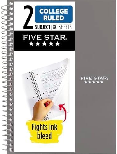 Five Star Spiral Notebook, 2 Subject, College Ruled, 9 1/2" x 6" 80 Sheets, Gray (840029AA3-ECM) (Pack of 12)