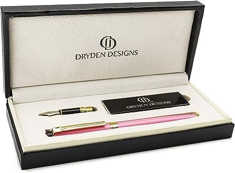 Dryden Designs Fountain Pen - Medium Nib and Fine Nib | Includes Luxury Box, 6 Ink Cartridges - 3 Black 3 Blue and Ink Refill Converter - Luscious Pink