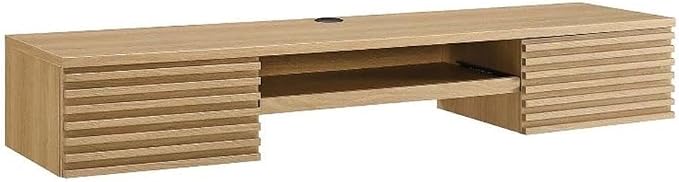 Pemberly Row Wall Mount Office Desk, 60 in Particleboard and Wood, Oak Finish, Mid-Century Modern Style with Keyboard Tray and Storage Drawers, Durable Design for Home Office or Dorm Room Use