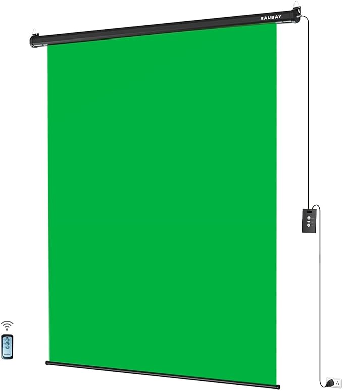 RAUBAY Motorized Pull Down Green Screen - 59.8" x 86.6" Collapsible Wall-Mount Background for Professional Video Production, Chroma Key Backdrop for YouTube, TikTok, Streaming, Video Conferencing