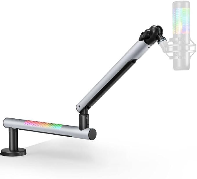 ARES WING Aluminum Low Profile Mic Arm with RGB Light, Adjustable Microphone Boom Arm with 4.4 lbs Load Capacity, 3/8” to 5/8” Screw Adapter, Desk Mount Mic Stand for Gaming Streaming Podcasting