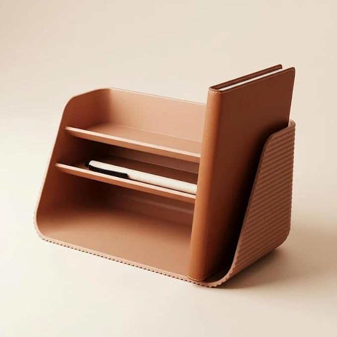 Modern Desk Organizer with 3 Compartments, Beige Plastic Storage Caddy for Office Supplies, Pen Holder & Notebook Organizer for Home Office Desk, Minimalist Desktop Organizer