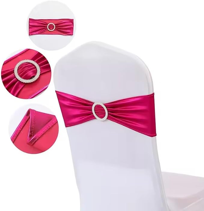 Tvoip 10PCS Chair Cover Stretch Band with Buckle Slider Sashes Bow Wedding Banquet Chair Decoration (Metallic Fuchsia)