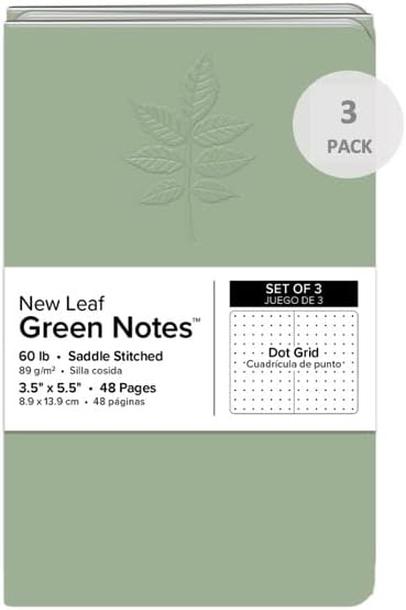 New Leaf Green Notes™ Memo Books, Sustainably Designed, 100% Recycled Paper, Ash Embossed Cover, Dotted Grid Pages, 3.5" x 5.5", 3 Books Per Pack