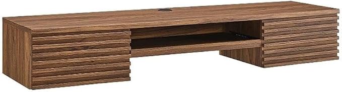 Pemberly Row Wall Mount Office Desk, 60 in Wide Particleboard and Wood, Walnut Finish, Pull-Out Keyboard Tray, Cable Management, Full-Extension Glide Drawers, Mid-Century Style for Home Office or