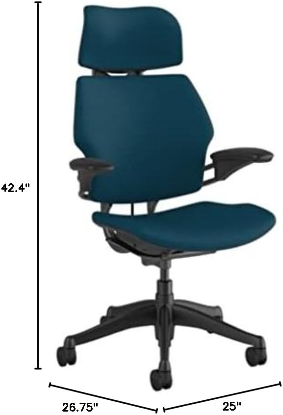 Humanscale Freedom Office Chair with Headrest - Ergonomic Work Chair with Standard Height Adjustable Duron Arms - Wheels for Hard Flooring - Graphite Frame with Peacock Corde 4 Fabric