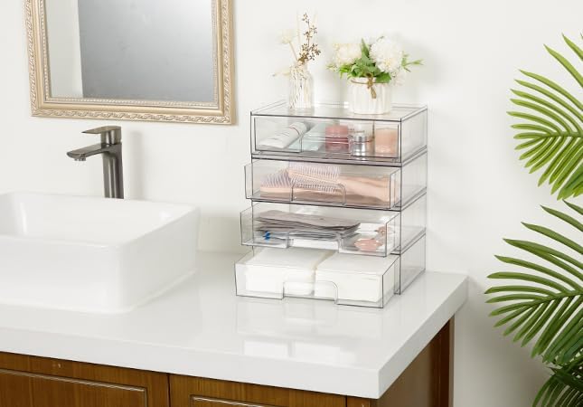 Vtopmart 12.1''W Clear Stackable Storage Drawers,3 Pack Acrylic Plastic Organizers Bins for Makeup Palettes, Cosmetics, and Beauty Supplies,Ideal for Vanity, Bathroom,Cabinet,Desk Organization | Clear Pull-Out Plastic Drawers, Stackable Design for Make...