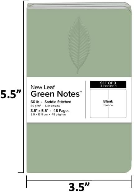 New Leaf Green Notes™ Memo Books, Sustainably Designed, 100% Recycled Paper, Chestnut Embossed Cover, Blank Pages, 3.5" x 5.5", 3 Books Per Pack
