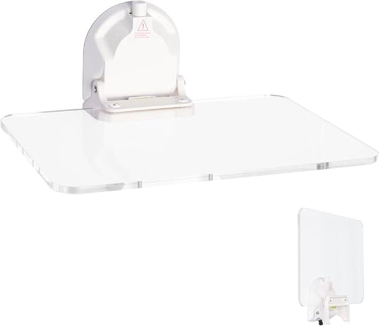 No-Drill Wall Mounted Folding Table 15.75" L x 11.02" W | 15.75" L x 13.39" W Install Size, Strong Vacuum Suction Cup, Waterproof Acrylic Surface for Bathroom, Laundry, Office, RV & Travel
