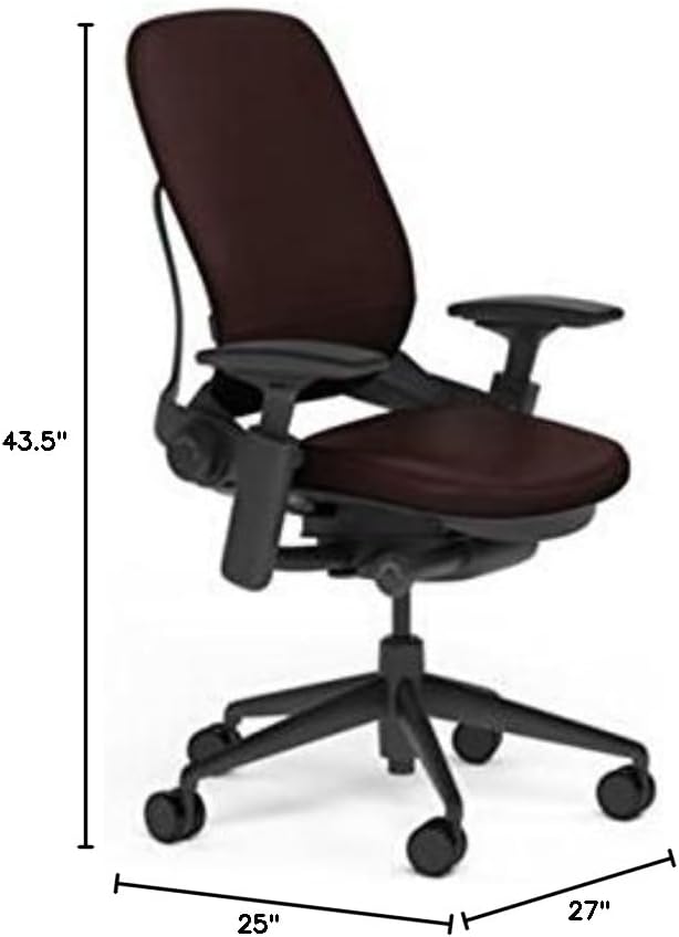 Steelcase Leap Desk Chair Mahogany Leather Seat and Back - Highly Adjustable Arms - Black Frame and Base - Soft Dual Wheel Hard Floor Casters