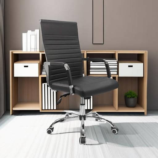 Furmax Ribbed Office Desk Chair Mid-Back PU Leather Executive Conference Task Chair Adjustable Swivel Chair with Arms (Black)