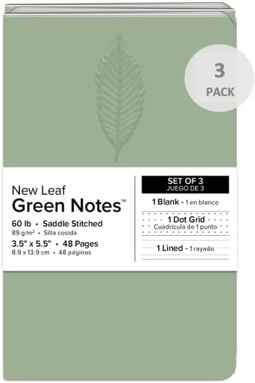 New Leaf Green Notes™ Memo Books, Sustainably Designed, 100% Recycled Paper, Chestnut Redwood and Ash Embossed Covers, Blank Lined and Dotted Page Mixed Pack, 3.5" x 5.5", 3 Books Per Pack