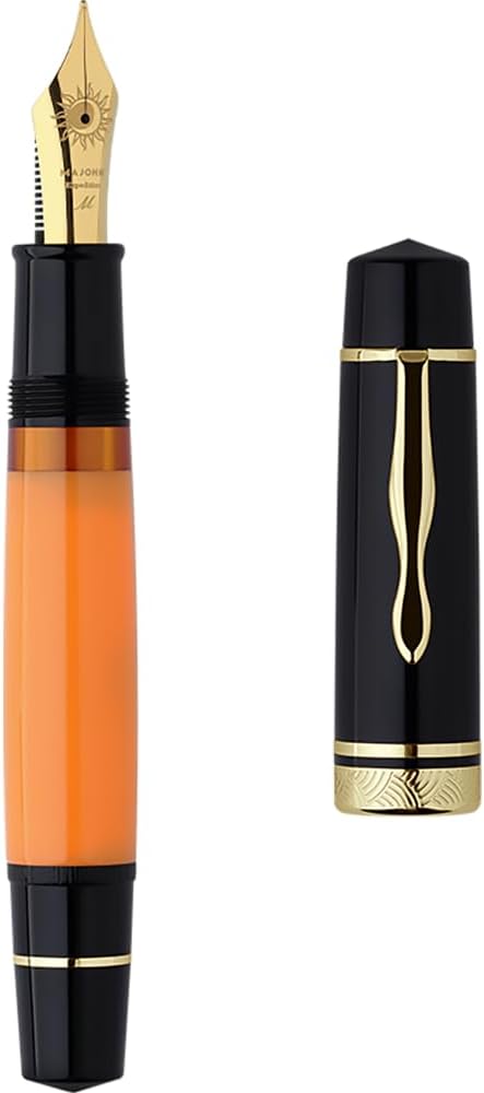 erofa Majohn P139#8 Medium Nib Fountain Pen with Box, Brass Piston System Large Capacity Writing Pen, Black Yellow