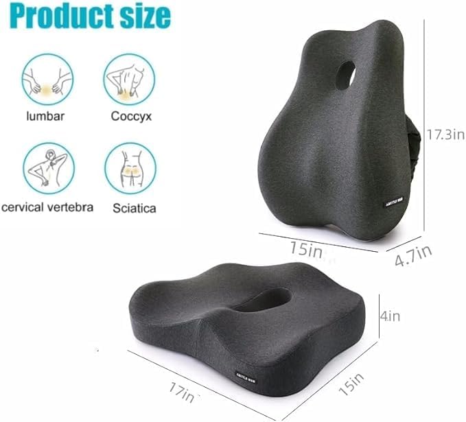 X Large Memory Foam Seat Cushion & Lumbar Support Pillow, Sciatica & Tailbone Pressure Relief Coccyx Cushion for Office Chair, Car, Wheelchair, Home - Dark Grey