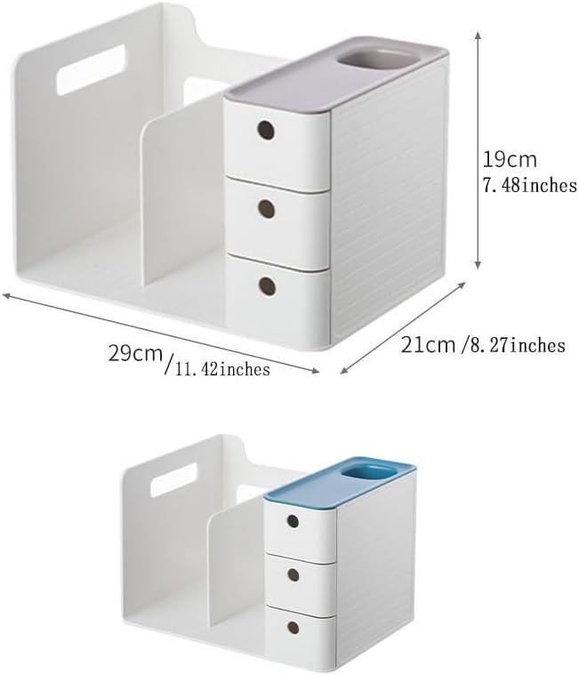 White Plastic Desktop Organizer with File slots,3-tier Drawers with Pen Holder,Book Stand for Office Supplies and Desk Accessories (White+Grey)
