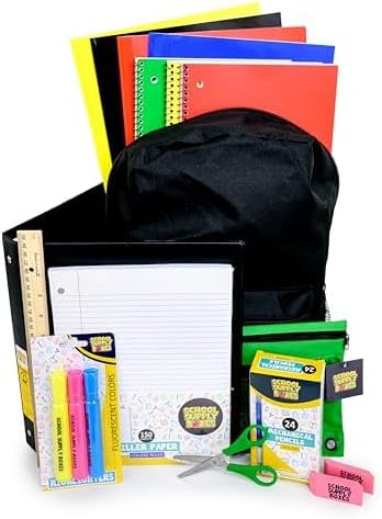 School Supply Boxes | 17" Solid Black Backpack Bundle for High School | Back to School Bookbag with Supplies | Pencil Pouch, Notebooks, Filler Paper, Folders, Mechanical Pencils & More