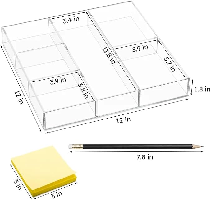 Acrylic Drawer Organizer, 6 Section Clear Makeup Tray Organizer for Drawer Office Bedroom(11.8x11.8 inch)