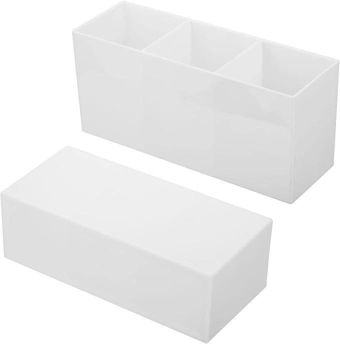 PATIKIL 3 Compartments Clear Acrylic Pen Holder, Pencil Holder Pen Organizer Pencil Cup Makeup Brush Holder Square for Countertop Desk, White