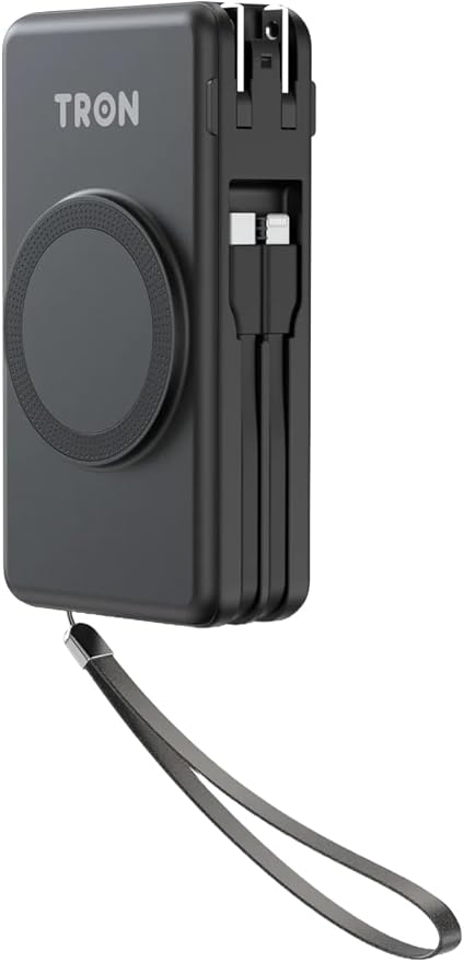 TRON Universal Travel Power Bank, 20,000mAh Portable Charger, TSA-Approved, Built-in USB-C & L Cables, LED Display, 2 Ports Compatible/iPhone, MacBook, Galaxy, iPad/Black -TR68