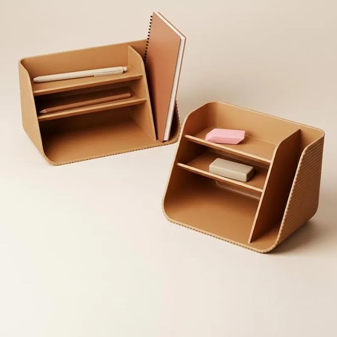 Modern Desk Organizer with 3 Compartments, Beige Plastic Storage Caddy for Office Supplies, Pen Holder & Notebook Organizer for Home Office Desk, Minimalist Desktop Organizer