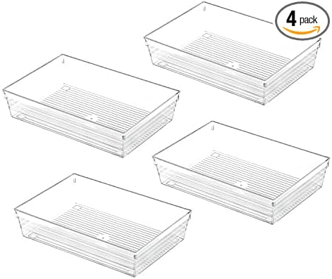 Clear Plastic Drawer Organizer Tray for Vanity Cabinet (9"×6"×2" Set of 4) For Office Bathroom Makeup Drawers