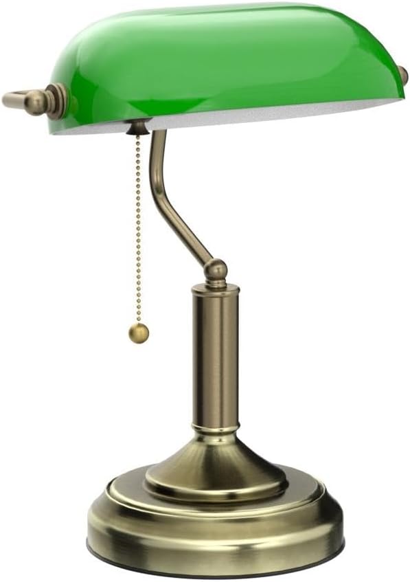 TORCHSTAR Green Glass Bankers Desk Lamp with Pull Chain, E26 Base | Brass Finish Base, Antique Traditional Library Lamp for Office Study Room, Bulbs not Included