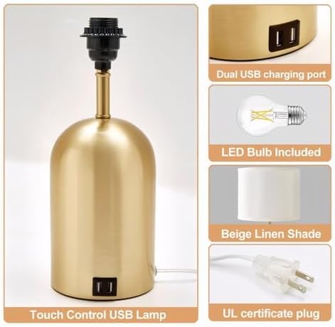 GyroVu Bedside Lamp with USB Port, Touch Control Table Lamp for Bedroom, Dimmable Modern Nightstand Lamp with Fabric Shade Gold Base for Living Room, Dorm, Home Office, LED Bulb Included