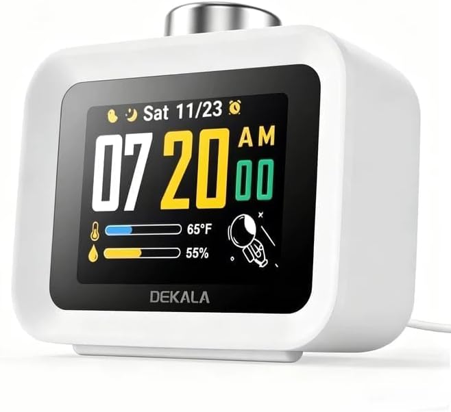 Dekala Alarm Clock for Bedrooms, 4 Alarms, 7-Day Programmable Loud Digital Clock for Heavy Sleepers with White Noise, Temperature & Humidity Display, IPS Animated Screen, Hourly Chime, White