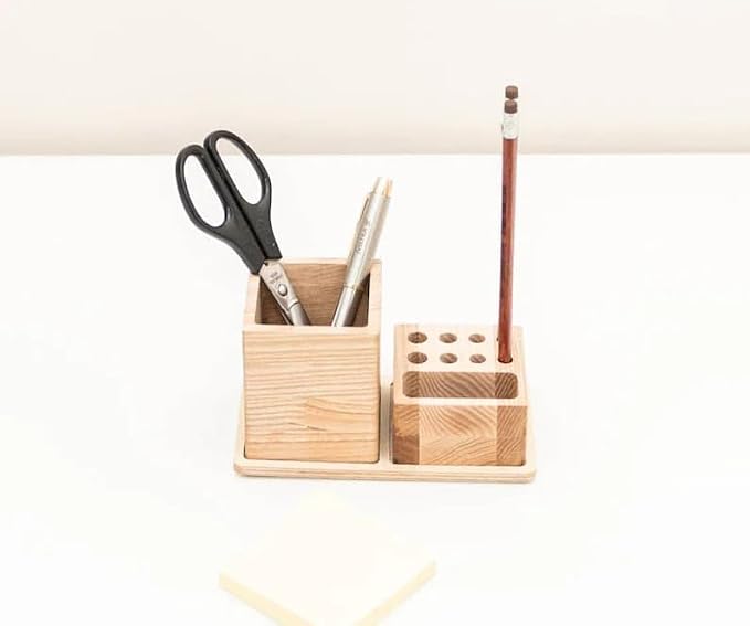 Natural Wood Desk Organizer, Modern Minimalist Pen Holder Set with Multi-Compartment, Desktop Storage Caddy for Office Home School Supplies, Light Brown