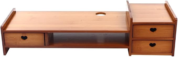 Bamboo Desk Monitor Stand with Drawer Wooden Computer Stand for Desk Monitor Riser with Storage for Laptop, PC Screen, TV, Printer, 3 Drawers + Hidden Keyboard Space