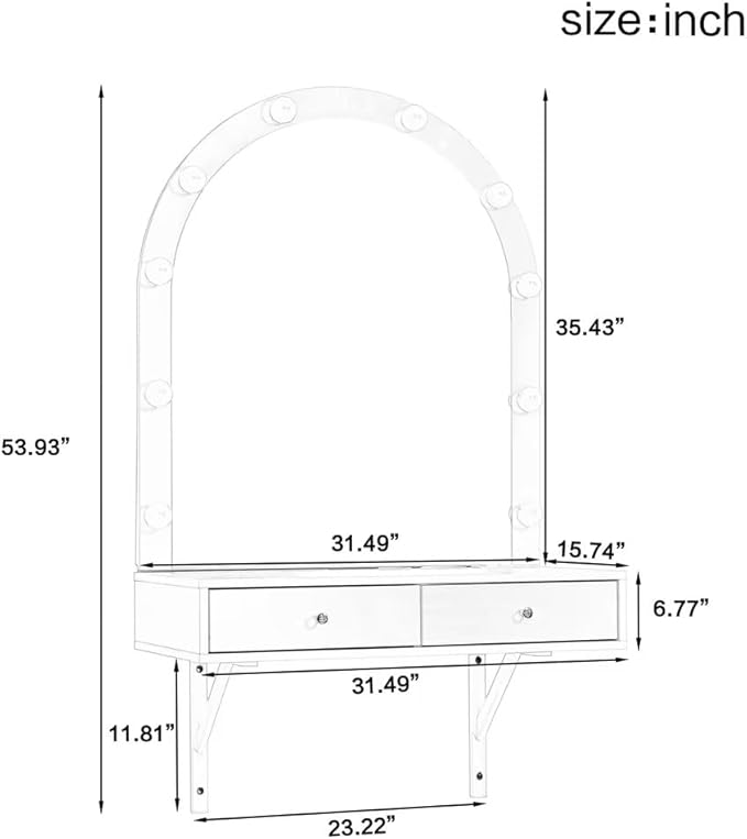 Floating Makeup Vanity Desk with Arched LED Mirror, 3-Color Lights, 2 Drawers, Charging Station, Wall Mounted, White
