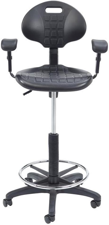 Pemberly Row Modern Polyurethane Task Chair with Arms, Adjustable 22-32 in Height, Black Finish, Heavy Duty Steel Frame, Waterfall Seat, Ribbed Design, Home Office or Industrial Desk Chair