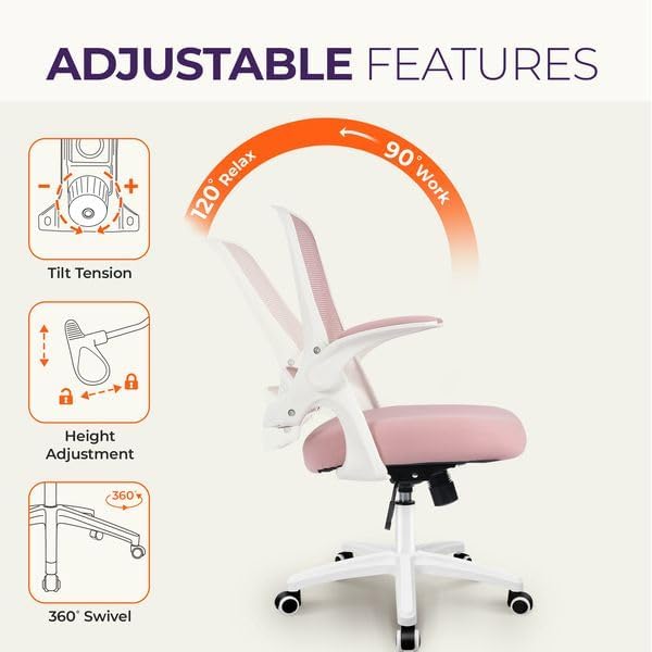NEO CHAIR Office Desk Gaming Ergonomic Computer Chair with Lumbar Back Support Adjustable Height Swivel Rolling Wheels Flip-up Arms Mesh Chair for Home Vanity (Pink)