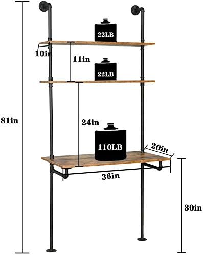 ZIOTHUM Industrial Wall Mount Desk with Shelves, Ladder Style Computer Laptop Desk, Floating Table with Storage, Industrial Pipe Bookcase for Home Office (36x20x81)
