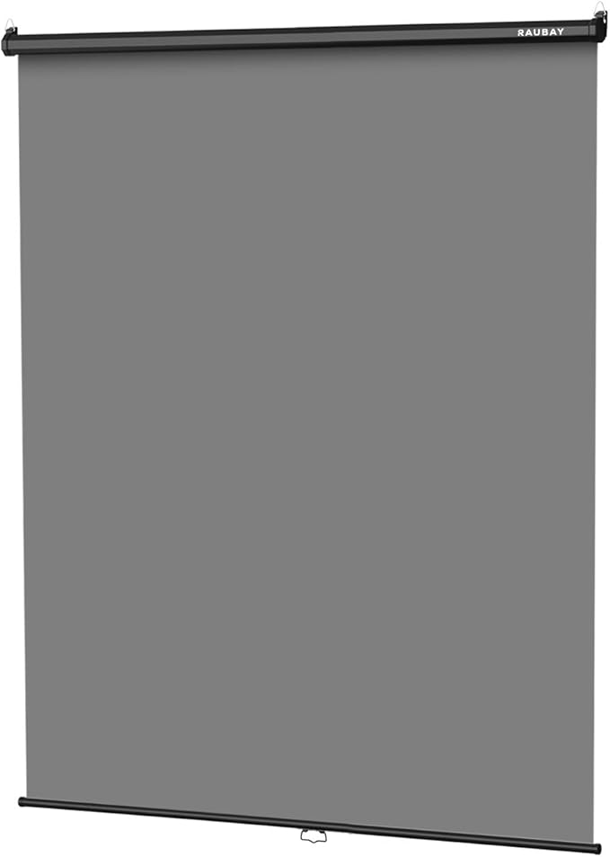RAUBAY Retractable Pull Down Grey Screen Backdrop - 59.8" x 86.6" Collapsible Wall-Mount Background for Professional Video Production, Photography, TikTok and Video Conferencing