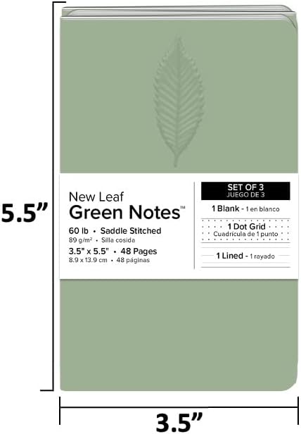 New Leaf Green Notes™ Memo Books, Sustainably Designed, 100% Recycled Paper, Chestnut Redwood and Ash Embossed Covers, Blank Lined and Dotted Page Mixed Pack, 3.5" x 5.5", 3 Books Per Pack