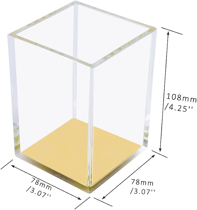MEI YI TIAN Clear Acrylic Pencil Pen Holder Cup with Yellow Gold Bottom, Desk Accessories Makeup Brush Holders Modern Design Desktop Organizer for Countertop Desk Accessory Storage