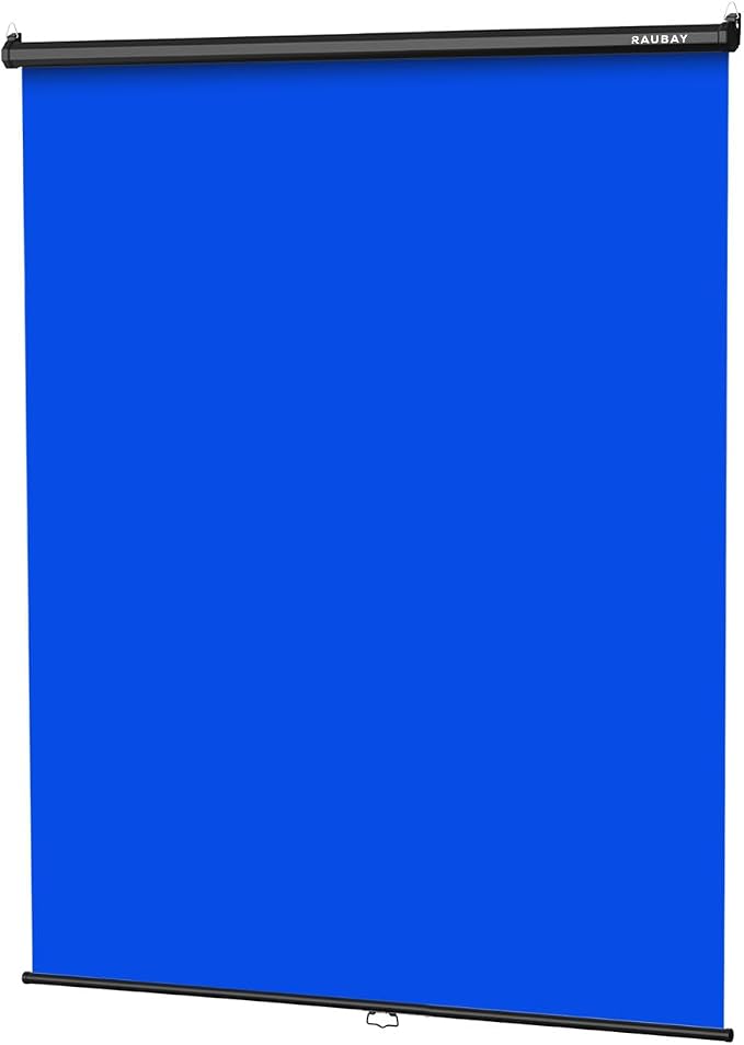RAUBAY Retractable Pull Down Blue Screen - 59.8" x 86.6" Collapsible Wall-Mount Background for Professional Video Production, Chroma Key Backdrop for YouTube, TikTok, Streaming, Video Conferencing