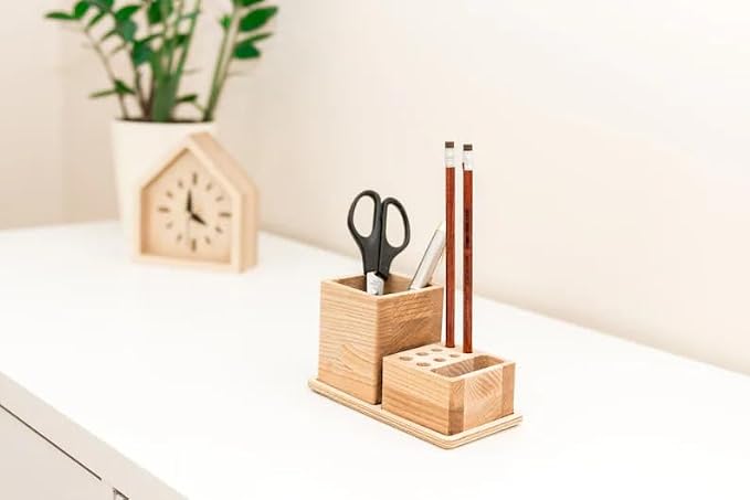 Natural Wood Desk Organizer, Modern Minimalist Pen Holder Set with Multi-Compartment, Desktop Storage Caddy for Office Home School Supplies, Light Brown