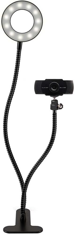Slide 1080P HD Webcam with Portable Ring Light and Clamp-on Stand, Streaming Camera with Mic, 30 FPS, 30 Light Modes, 2 Flexible Arms, Secure Clamp, Includes Sliding Lens Cover and USB Cable
