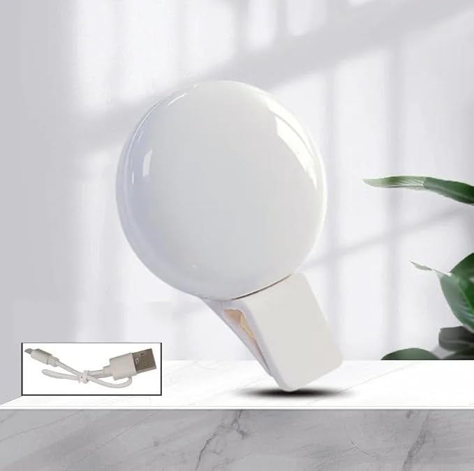 Clip-on LED Selfie Ring Light, Small Pocket-Size, 3 Brightness Levels, Rechargeable, Phone Camera Light, (White)