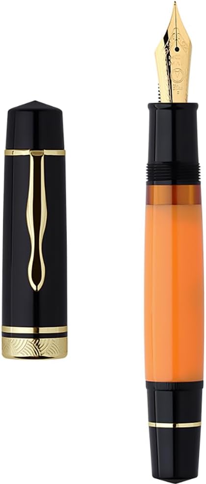 erofa Majohn P139 Fine Nib Resin Fountain Pen, Brass Piston System Large Capacity Writing Pen with Box, Black Yellow