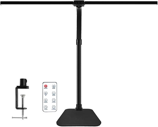 LED Desk Lamp for Office Dorm Home - Eye Caring Desk Light with Timer, Remote Control 24W Brightest Dual Screen Computer Monitor Gooseneck Dimmable Table lamp with Anti-Glare Cover Clamp & Base