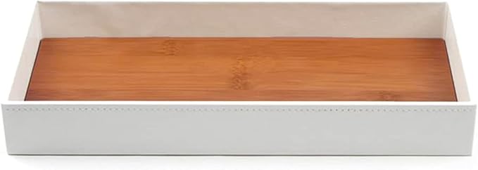 J JACKCUBE DESIGN Leather Bamboo Vanity Tray, Bathroom Organizer, Catch All Valet Tray for Women Perfume, Jewelry, Makeup, Candles, Key, Phone, Sunglasses (White)- MK205B