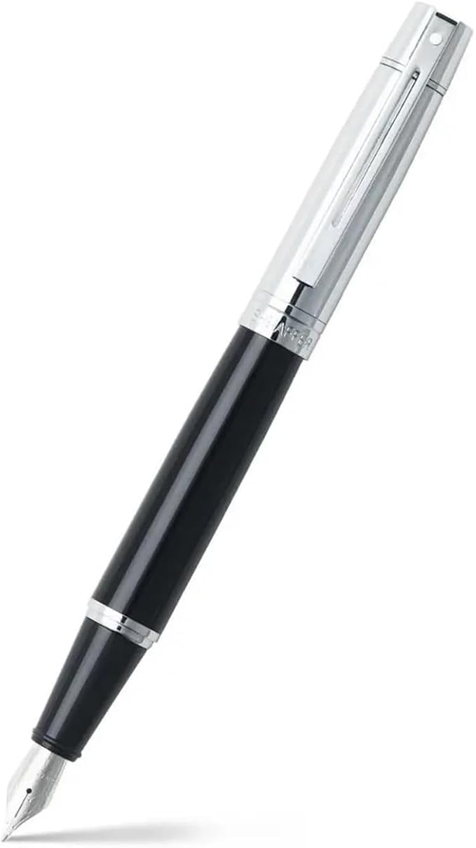 Sheaffer 300 Glossy Black Fountain Pen with Bright Chrome Cap, Chrome-Plated Trim, and Medium Nib
