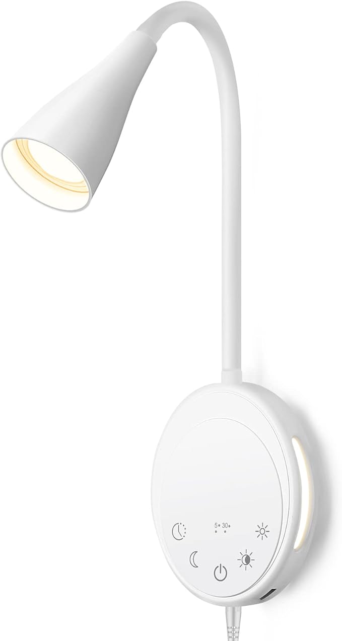 SANKEDOU LED Wall Mounted Reading Light, Book Light for Reading in Bed with Touch Control, 5 Dimmable, USB Output, Night Light & Timers Function, Flexible Gooseneck Headboard Bed Lights (White)